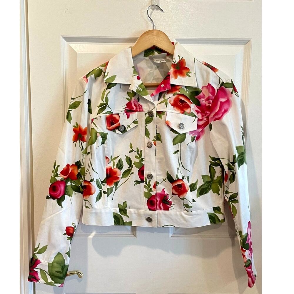 Vintage Fibers Barbara Lesser Floral Poppy Rose Print Cropped Trucker Jacket S